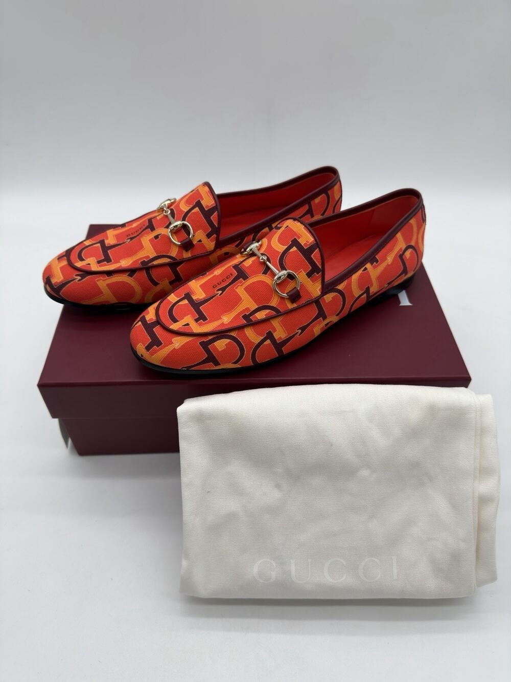 Gucci Jordaan Womens Horsebit Flat Loafer Orange Canvas LOGO EU 38.5 US 8.5 $998